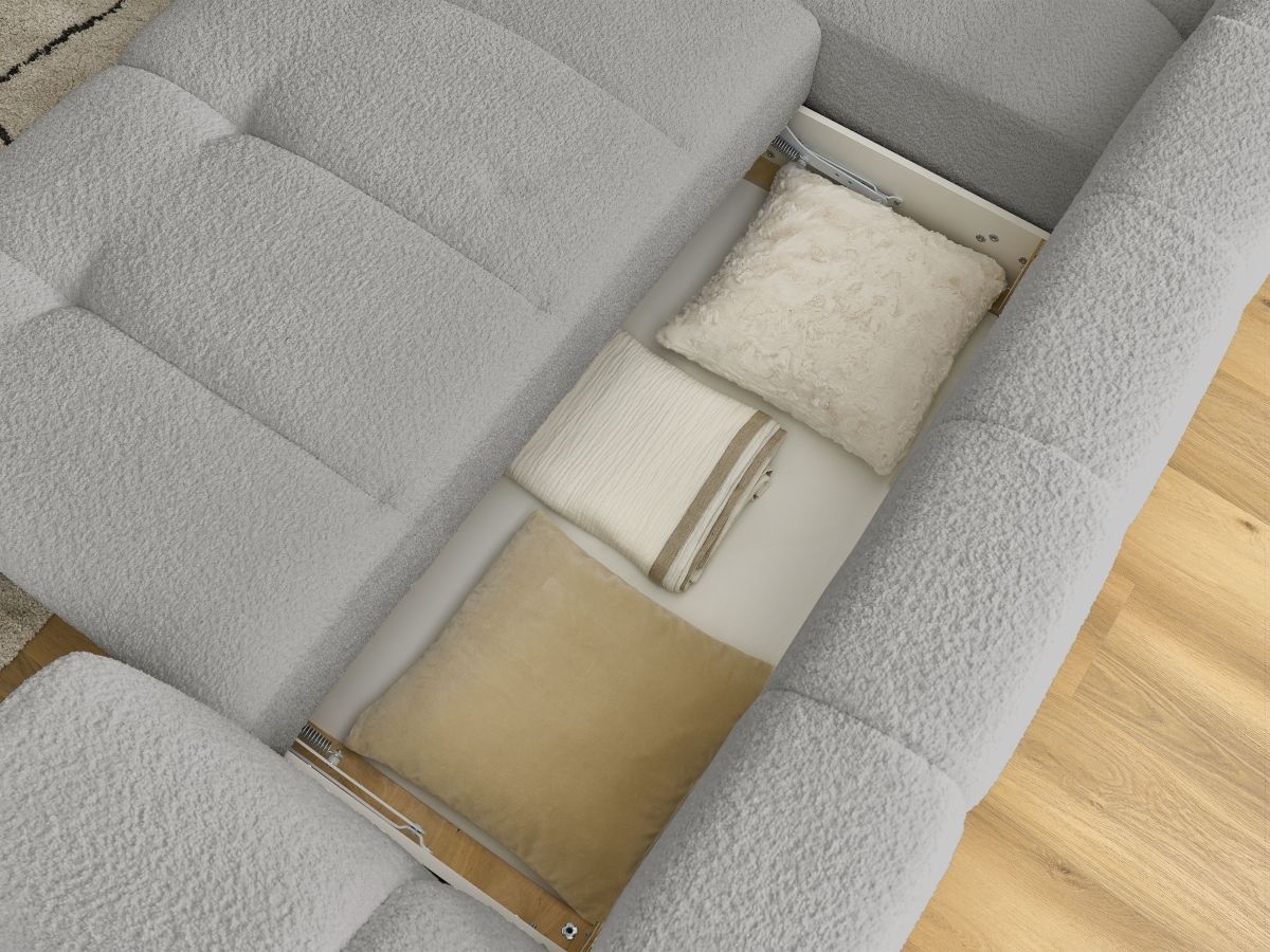 Canapé d'angle L convertible FUJI tissu bouclette avec pouf