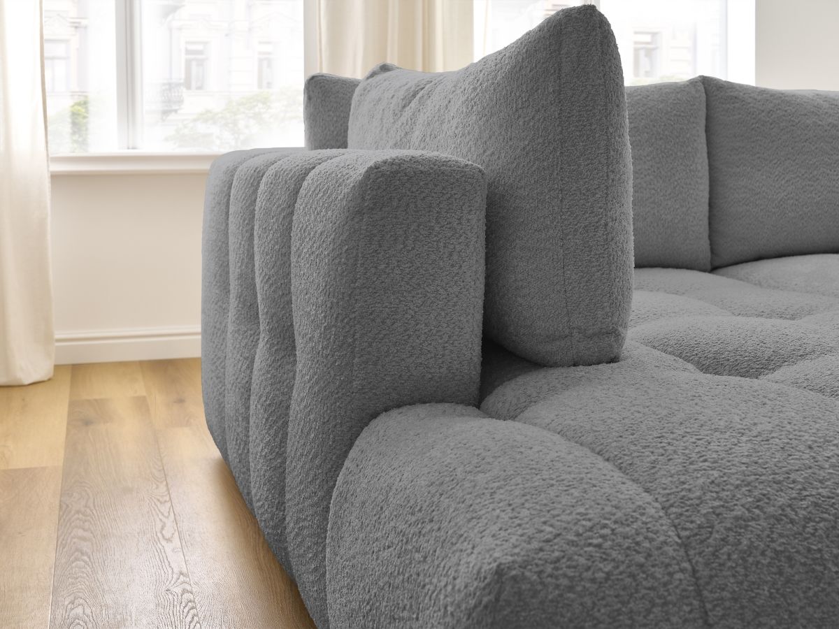 Canapé d'angle L convertible FUJI tissu bouclette avec pouf