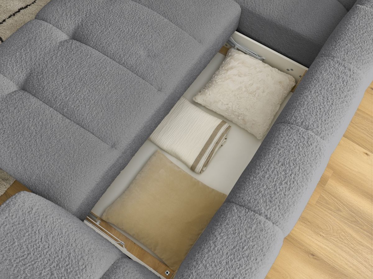 Canapé d'angle L convertible FUJI tissu bouclette avec pouf