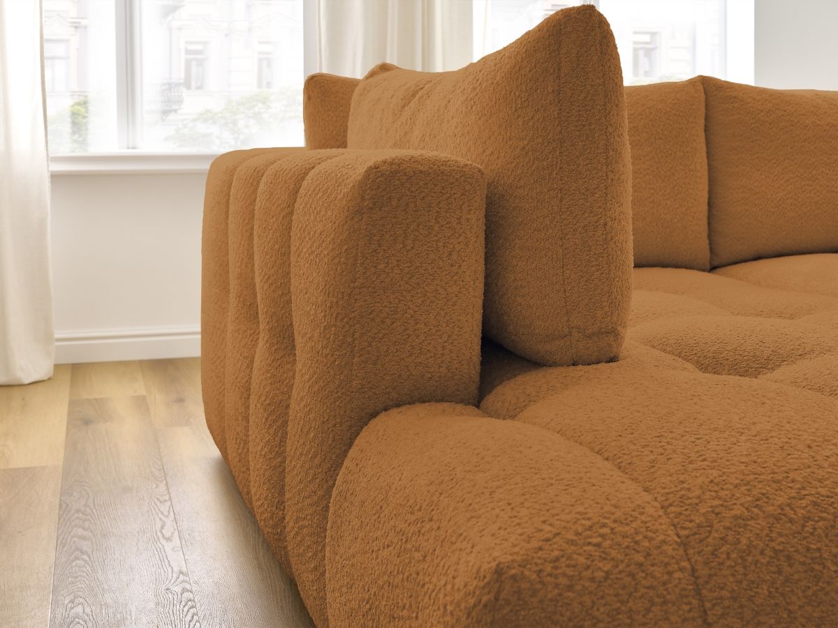 Canapé d'angle L convertible FUJI tissu bouclette avec pouf