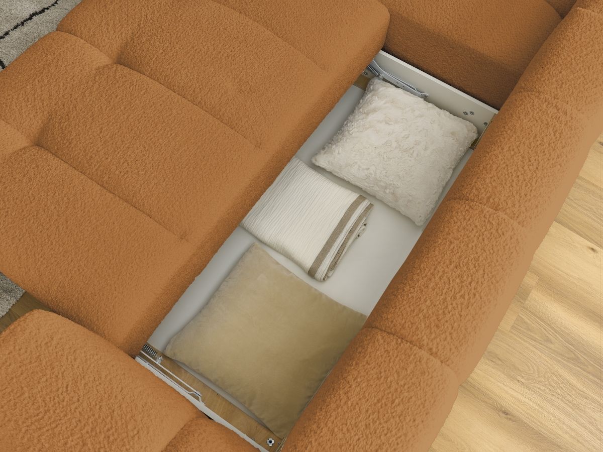Canapé d'angle L convertible FUJI tissu bouclette avec pouf