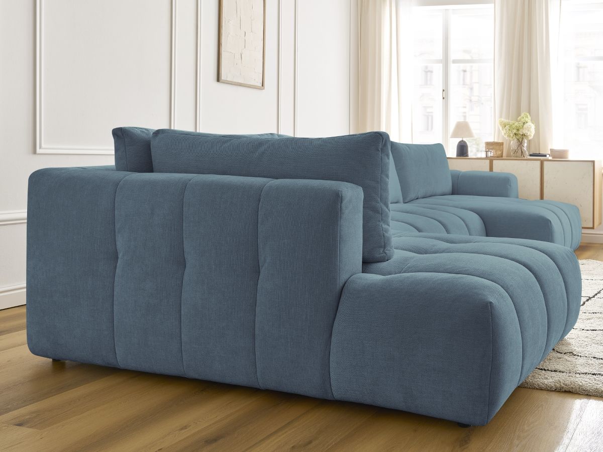 Canapé panoramique convertible FUJI tissu lisse avec pouf