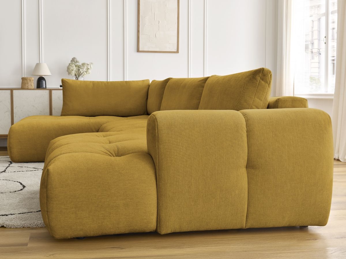 Canapé panoramique convertible FUJI tissu lisse avec pouf