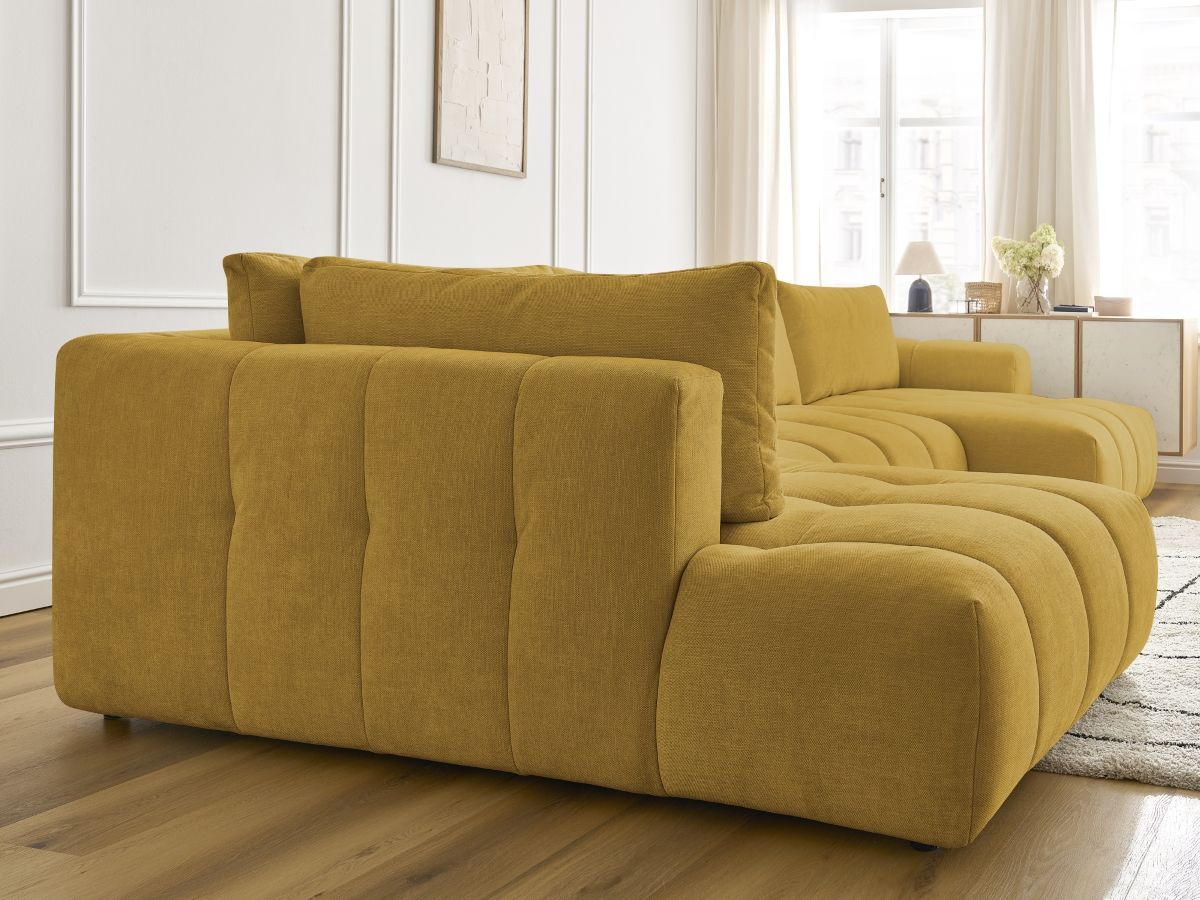 Canapé panoramique convertible FUJI tissu lisse avec pouf