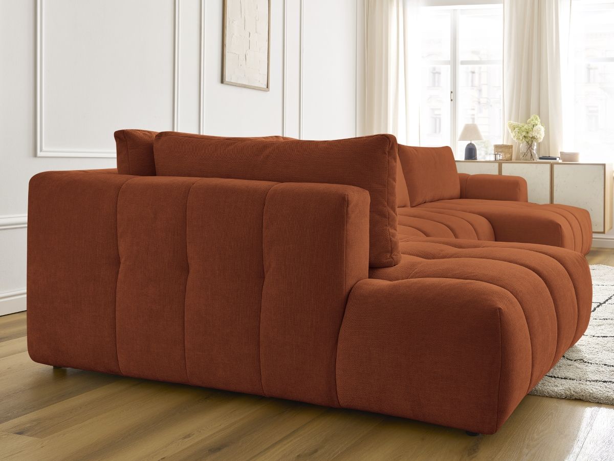 Canapé panoramique convertible FUJI tissu lisse avec pouf