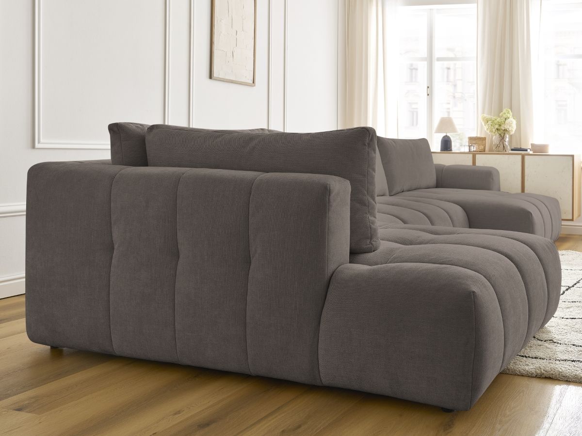 Canapé panoramique convertible FUJI tissu lisse avec pouf