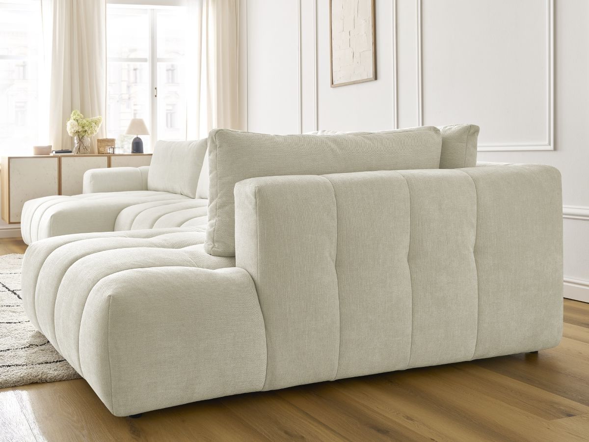 Canapé panoramique convertible FUJI tissu lisse avec pouf
