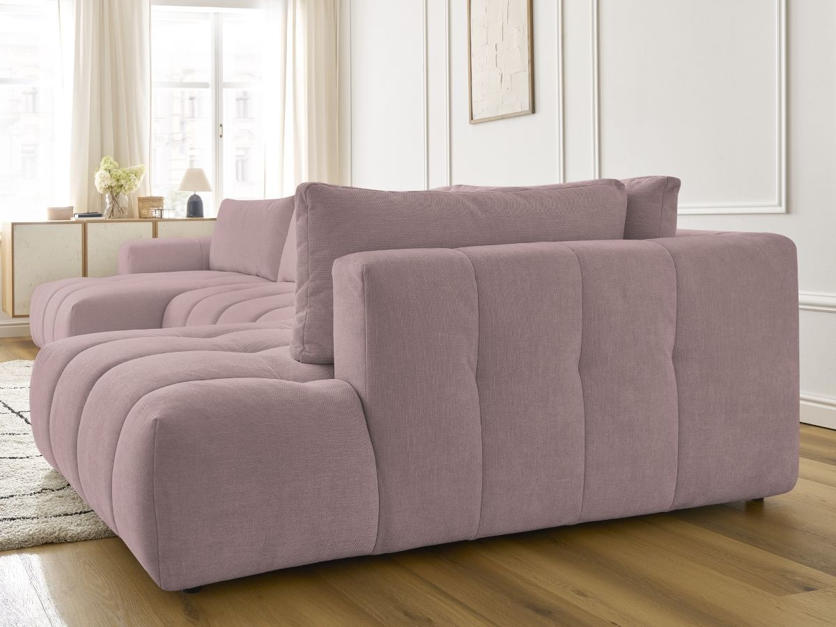 Canapé panoramique convertible FUJI tissu lisse avec pouf