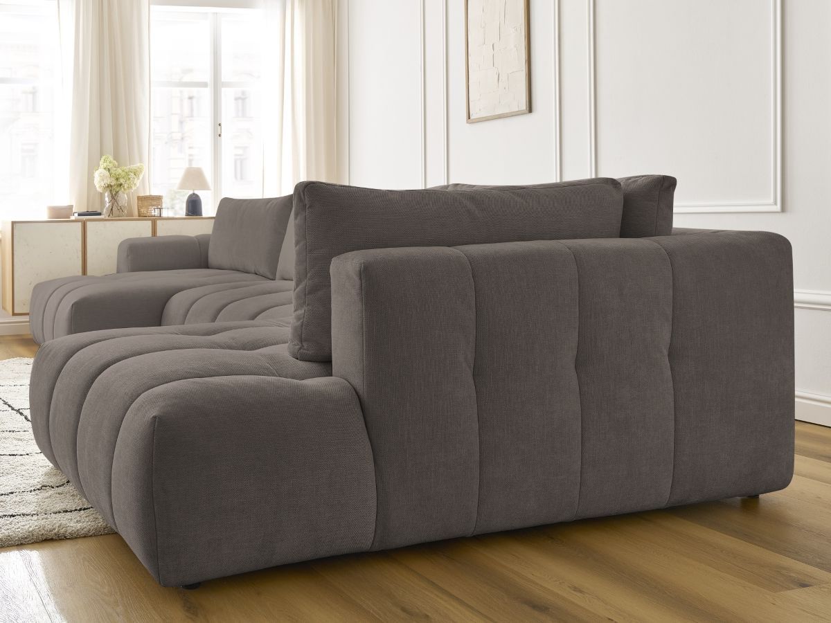 Canapé panoramique convertible FUJI tissu lisse avec pouf