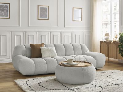 Canapé droit fixe 3 places HAYDEN tissu bouclette avec pouf grand avec plateau