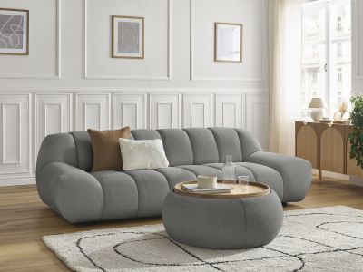 Canapé droit fixe 3 places HAYDEN tissu bouclette avec pouf grand avec plateau