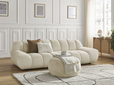Canapé droit fixe 3 places HAYDEN tissu bouclette avec pouf grand