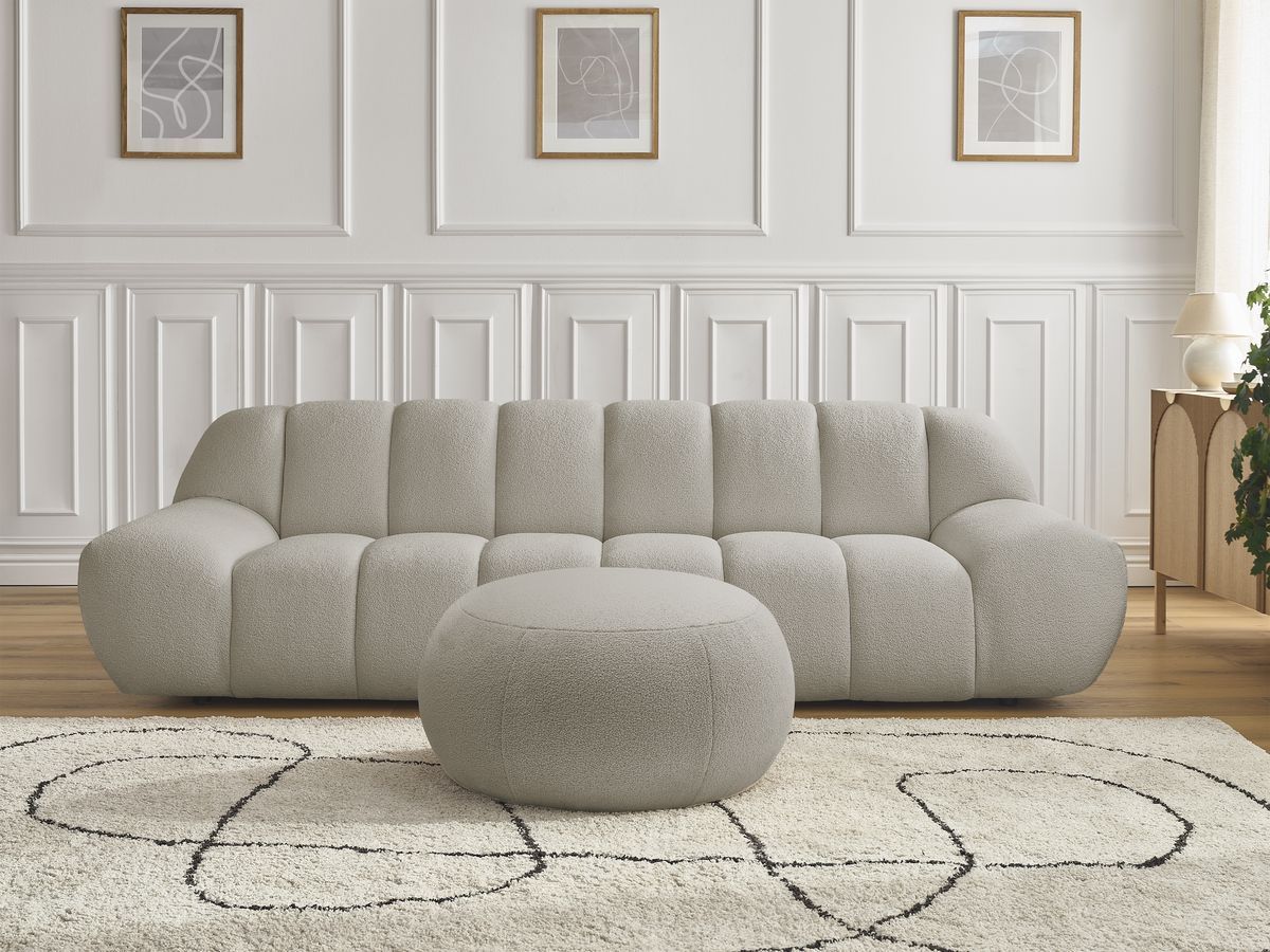 Canapé droit fixe 3 places HAYDEN tissu bouclette avec pouf grand taupe BOBOCHIC - Vue supplémentaire 3