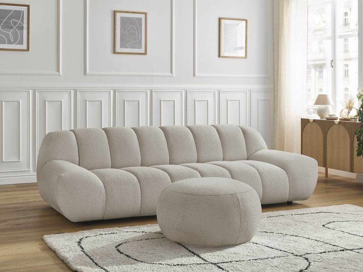 Canapé droit fixe 3 places HAYDEN tissu bouclette avec pouf grand