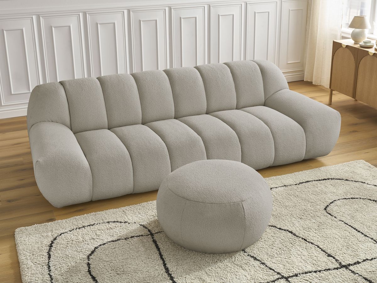 Canapé droit fixe 3 places HAYDEN tissu bouclette avec pouf grand