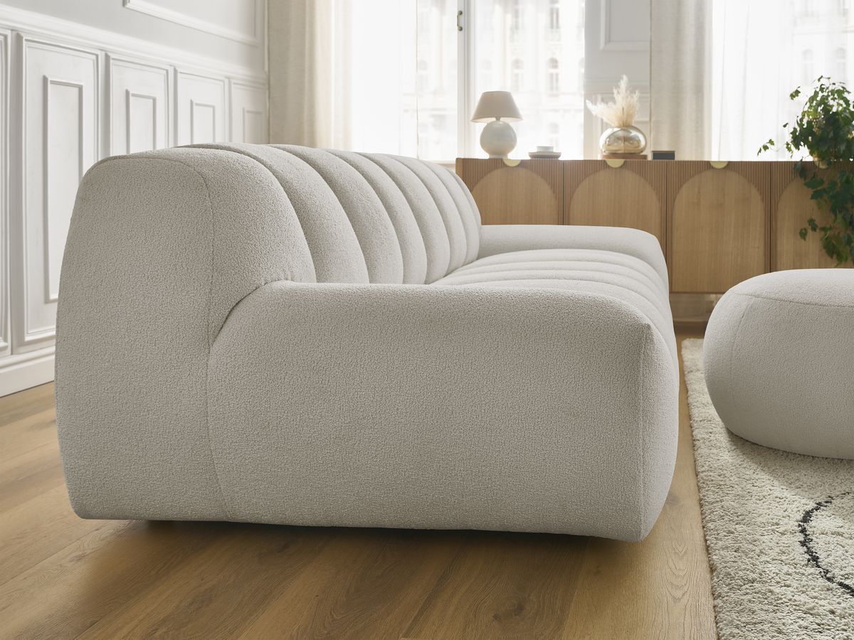 Canapé droit fixe 3 places HAYDEN tissu bouclette avec pouf grand