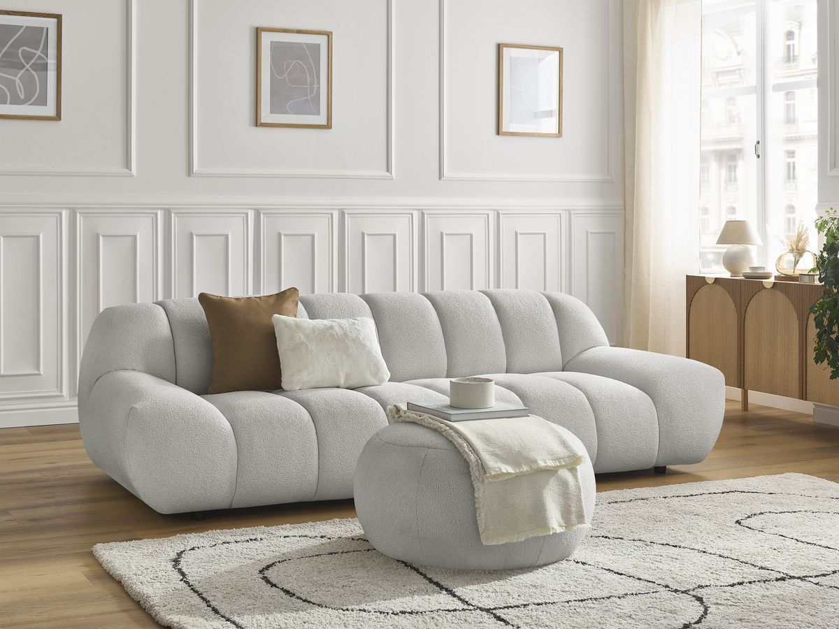 Canapé droit fixe 3 places HAYDEN tissu bouclette avec pouf grand
