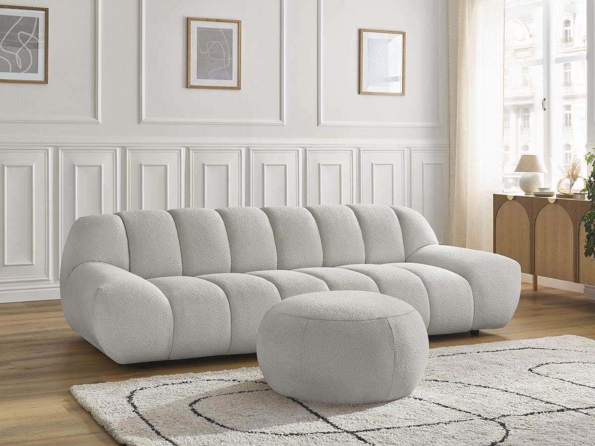 Canapé droit fixe 3 places HAYDEN tissu bouclette avec pouf grand