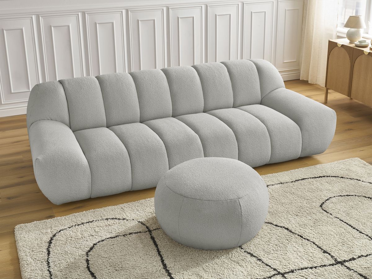 Canapé droit fixe 3 places HAYDEN tissu bouclette avec pouf grand