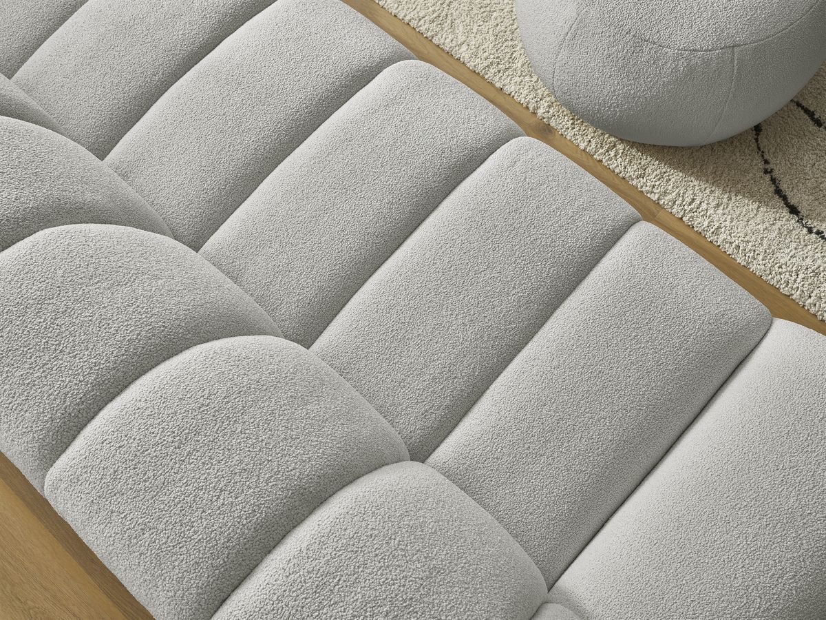 Canapé droit fixe 3 places HAYDEN tissu bouclette avec pouf grand