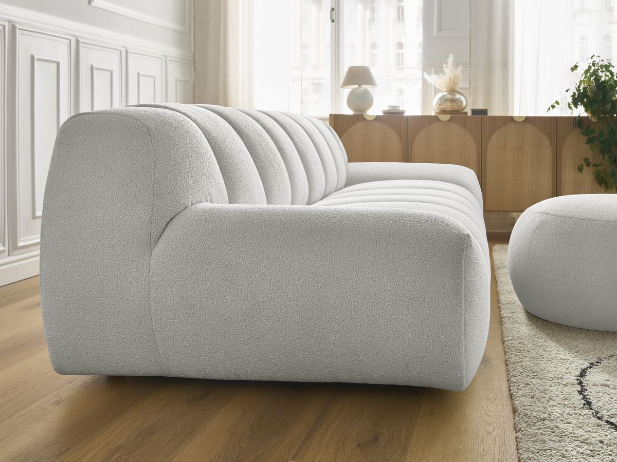Canapé droit fixe 3 places HAYDEN tissu bouclette avec pouf grand
