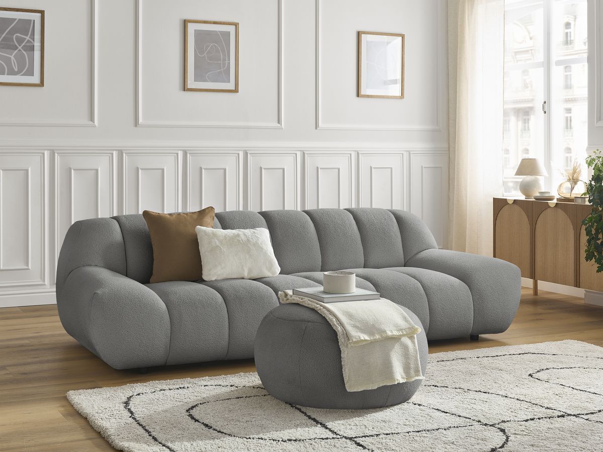 Canapé droit fixe 3 places HAYDEN tissu bouclette avec pouf grand