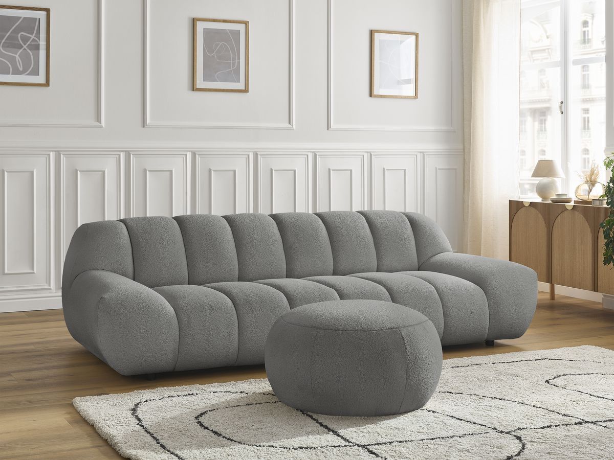 Canapé droit fixe 3 places HAYDEN tissu bouclette avec pouf grand
