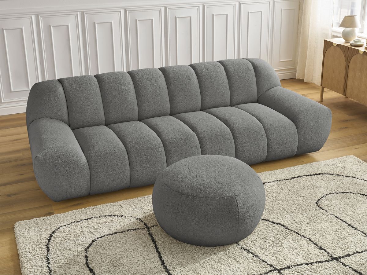 Canapé droit fixe 3 places HAYDEN tissu bouclette avec pouf grand