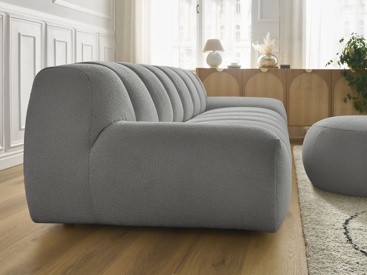 Canapé droit fixe 3 places HAYDEN tissu bouclette avec pouf grand