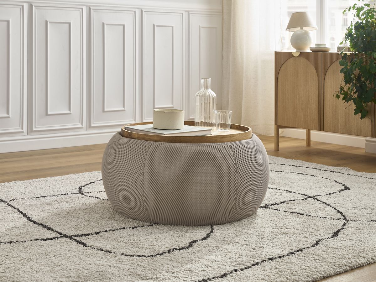 Pouf rond avec plateau HAYDEN tissu mesh