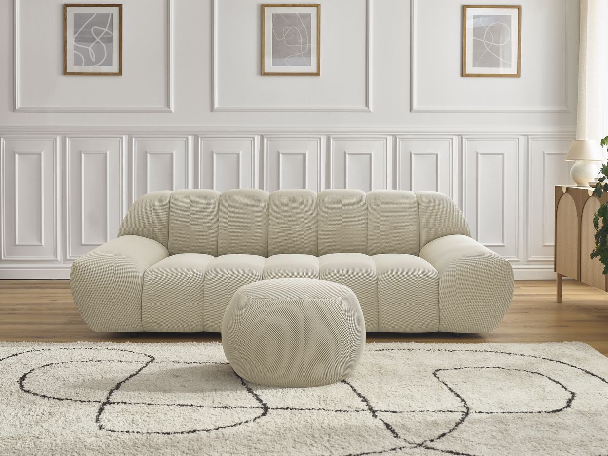 Canapé droit fixe 2 places HAYDEN tissu mesh avec pouf petit beige BOBOCHIC - Vue supplémentaire 3