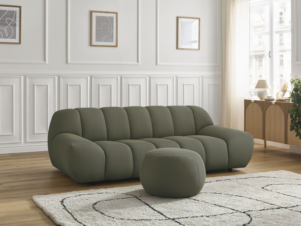 Canapé droit fixe 2 places HAYDEN tissu mesh avec pouf petit
