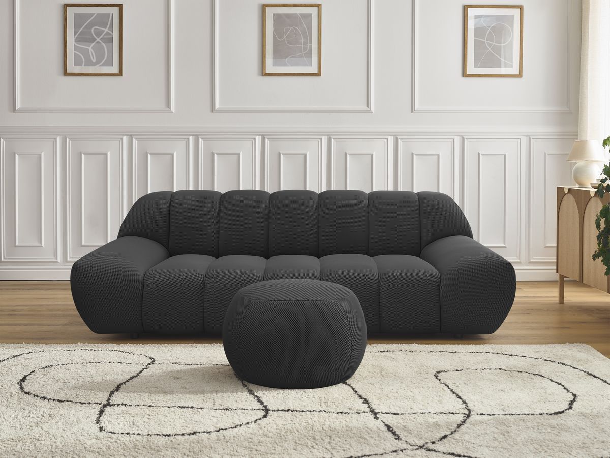 Canapé droit fixe 2 places HAYDEN tissu mesh avec pouf petit noir BOBOCHIC - Vue supplémentaire 3