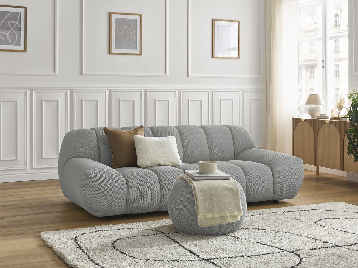 Canapé droit fixe 2 places HAYDEN tissu mesh avec pouf petit