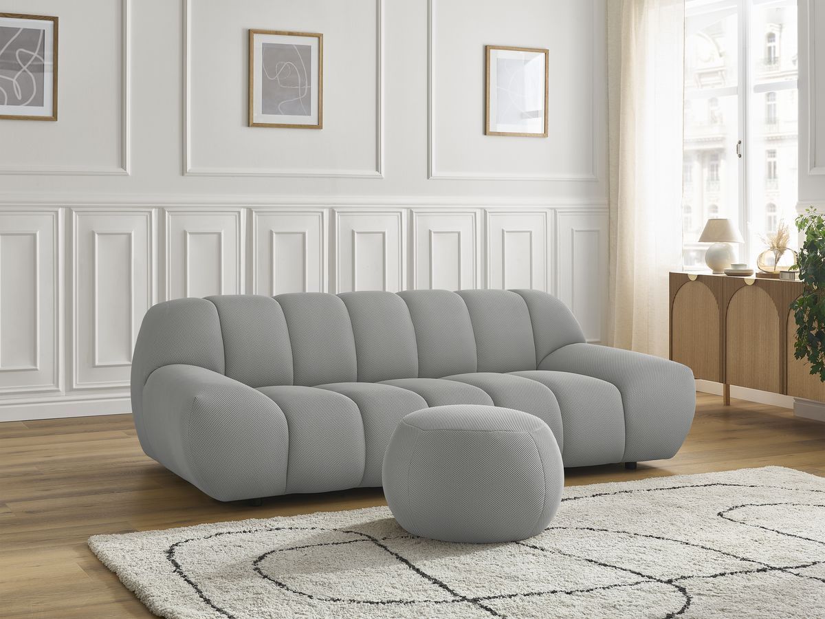 Canapé droit fixe 2 places HAYDEN tissu mesh avec pouf petit
