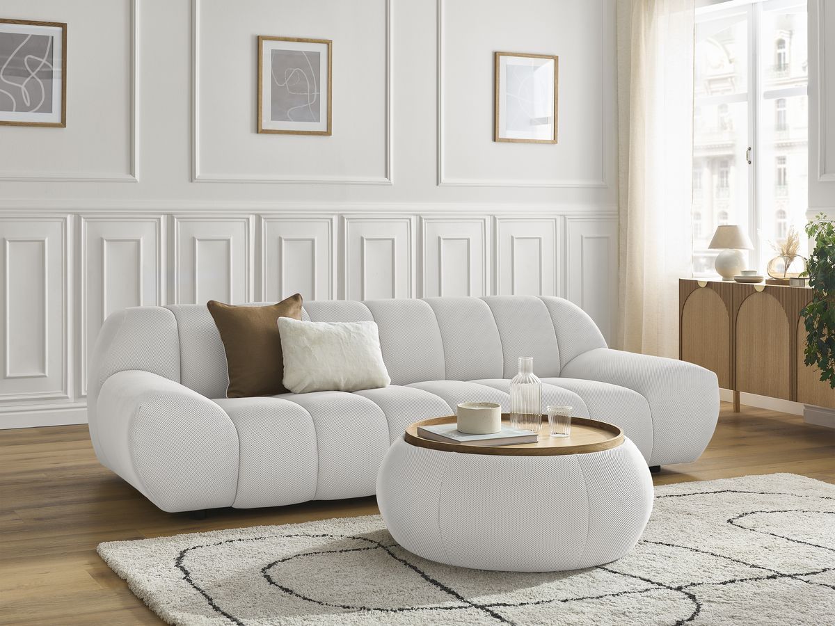 Canapé droit fixe 3 places HAYDEN tissu mesh avec pouf grand avec plateau