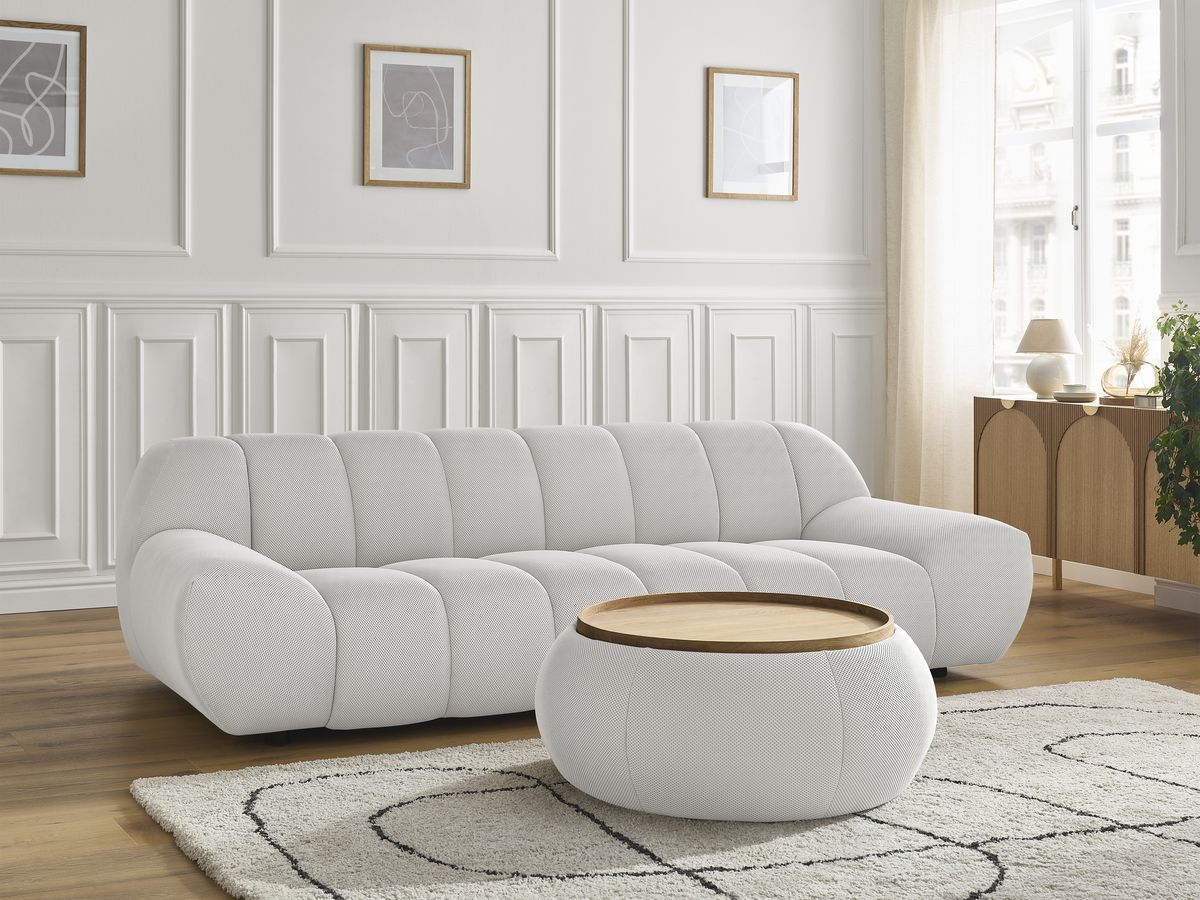 Canapé droit fixe 3 places HAYDEN tissu mesh avec pouf grand avec plateau