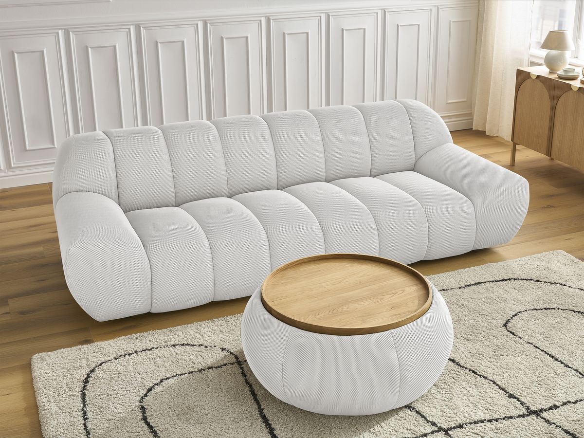 Canapé droit fixe 3 places HAYDEN tissu mesh avec pouf grand avec plateau