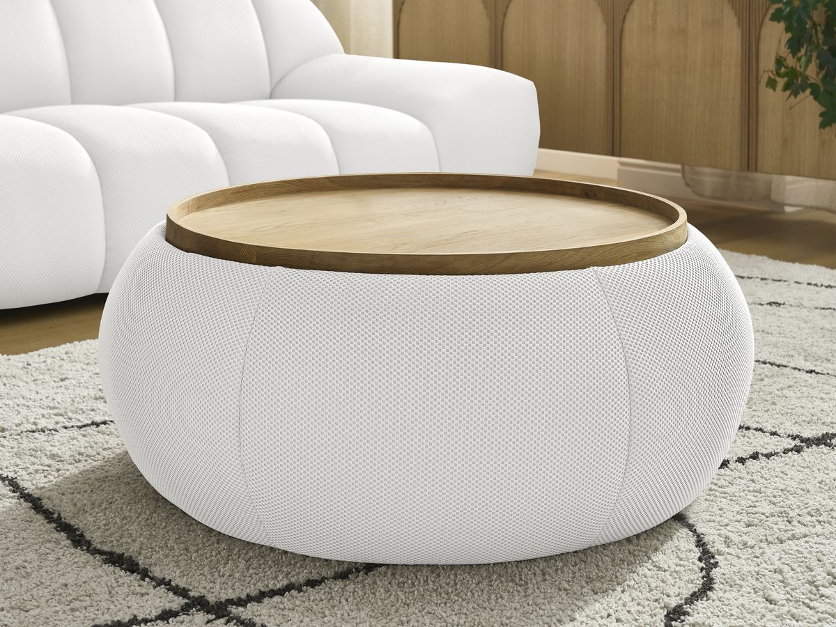 Canapé droit fixe 3 places HAYDEN tissu mesh avec pouf grand avec plateau