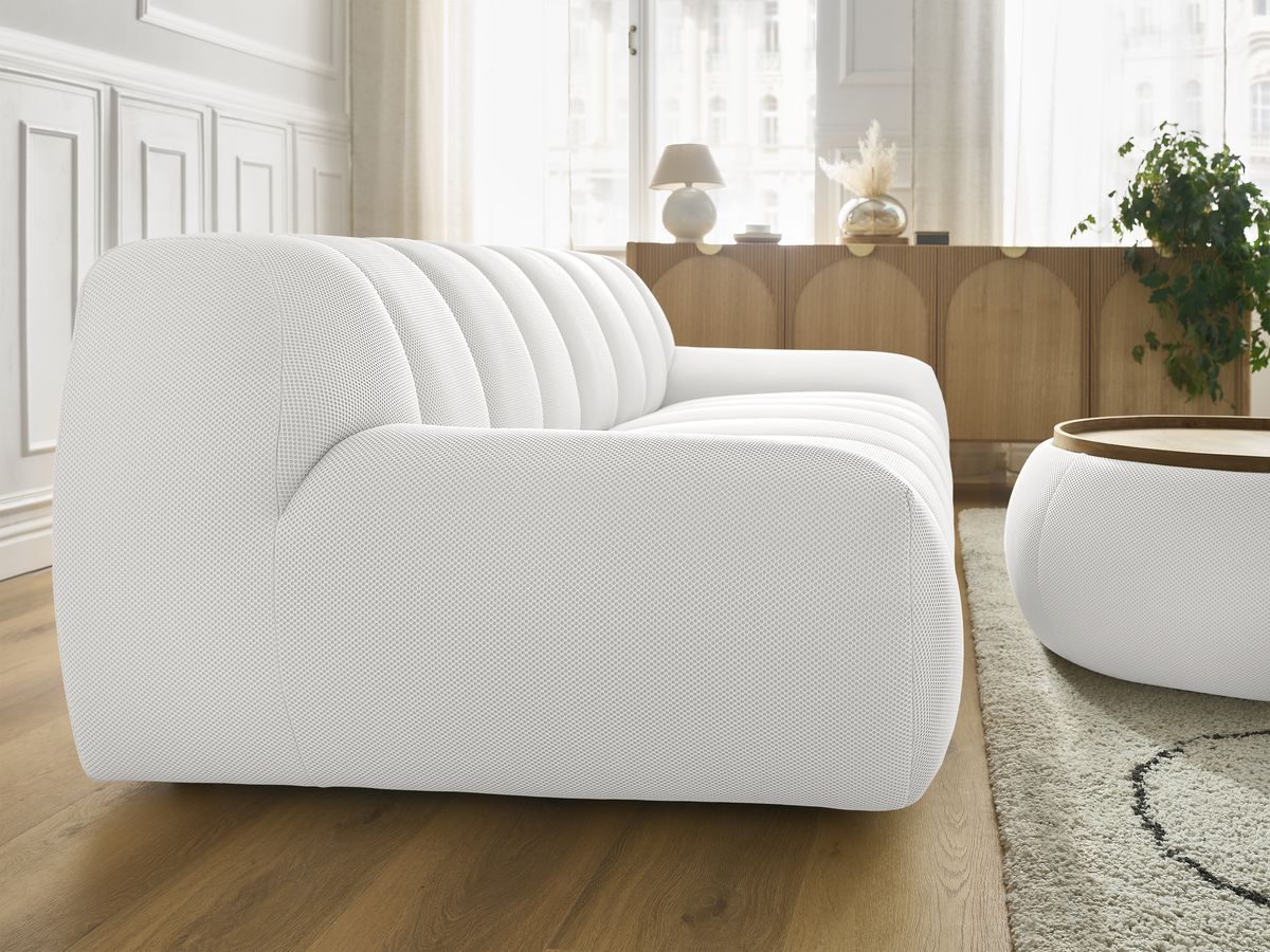 Canapé droit fixe 3 places HAYDEN tissu mesh avec pouf grand avec plateau
