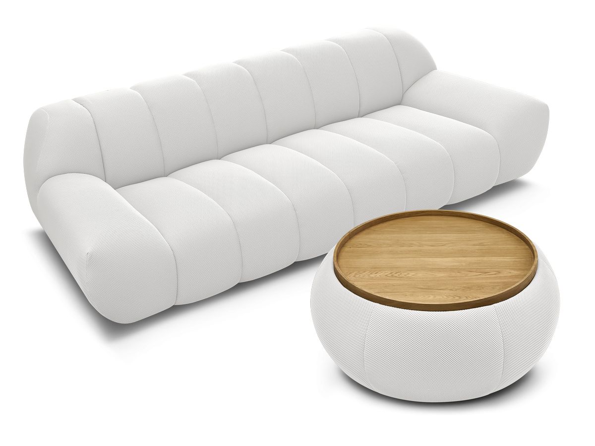Canapé droit fixe 3 places HAYDEN tissu mesh avec pouf grand avec plateau
