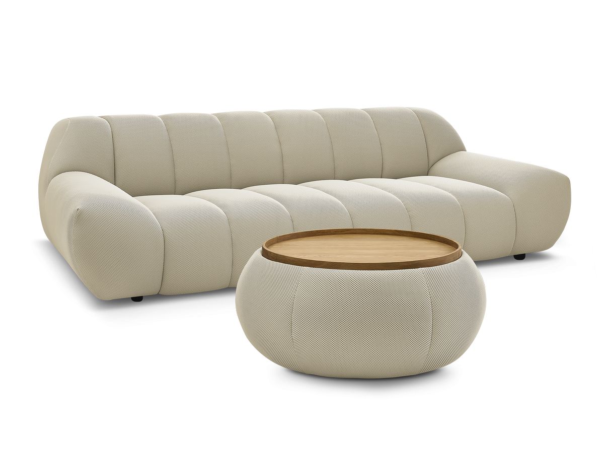 Canapé droit fixe 3 places HAYDEN tissu mesh avec pouf grand avec plateau