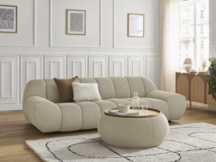 Canapé droit fixe 3 places HAYDEN tissu mesh avec pouf grand avec plateau