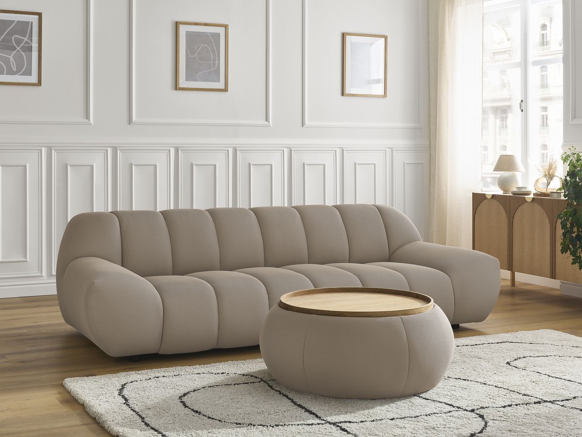 Canapé droit fixe 3 places HAYDEN tissu mesh avec pouf grand avec plateau