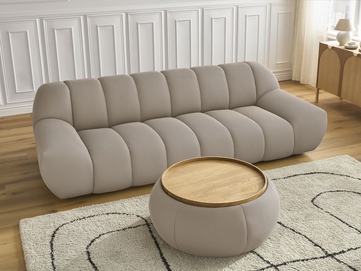 Canapé droit fixe 3 places HAYDEN tissu mesh avec pouf grand avec plateau