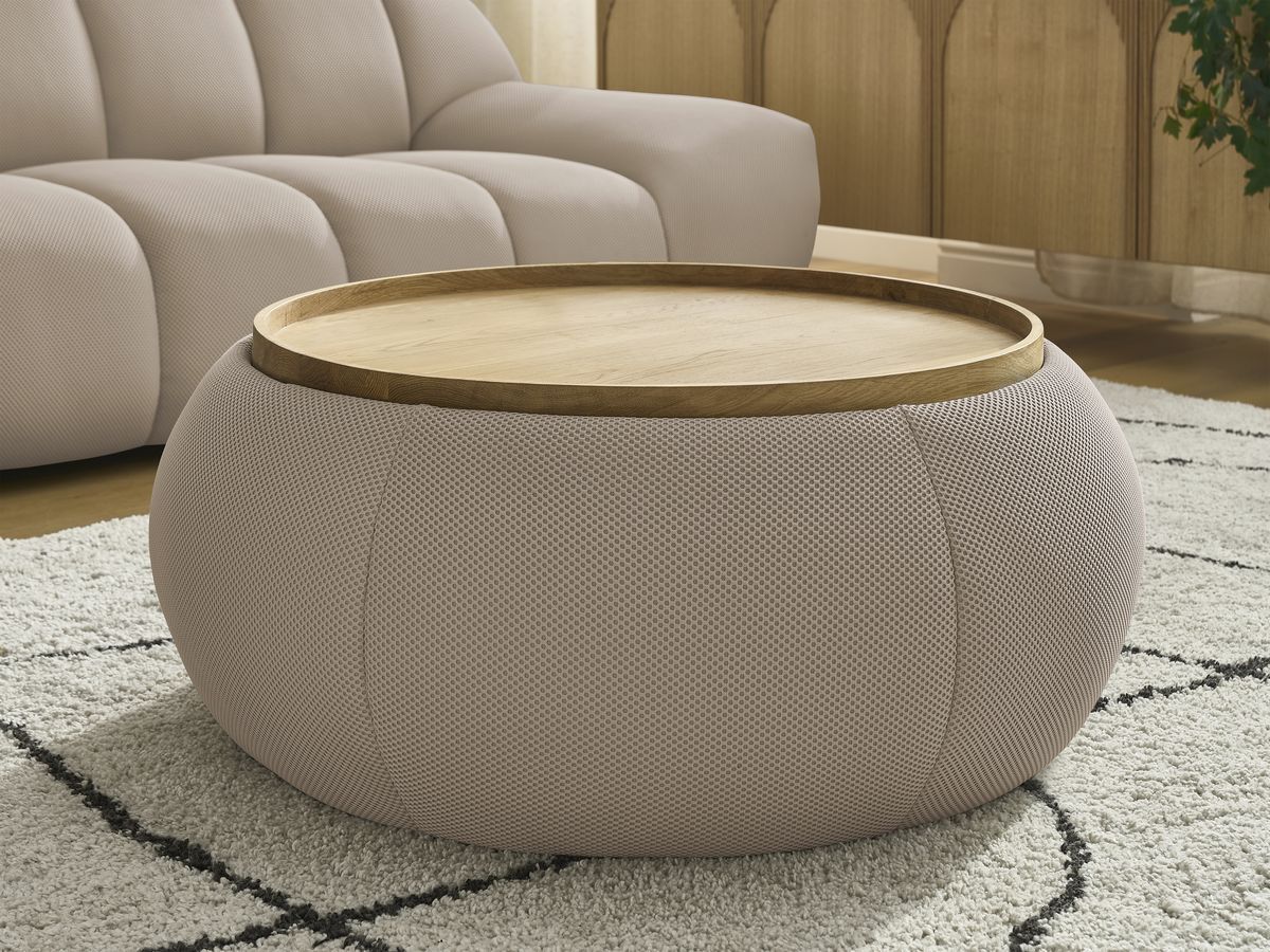 Canapé droit fixe 3 places HAYDEN tissu mesh avec pouf grand avec plateau