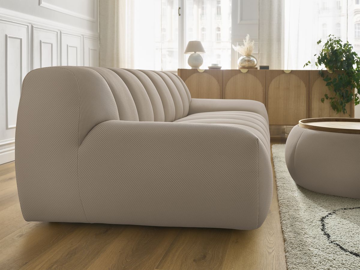 Canapé droit fixe 3 places HAYDEN tissu mesh avec pouf grand avec plateau