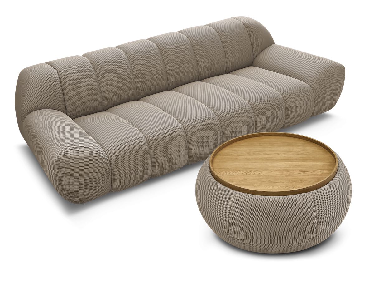 Canapé droit fixe 3 places HAYDEN tissu mesh avec pouf grand avec plateau