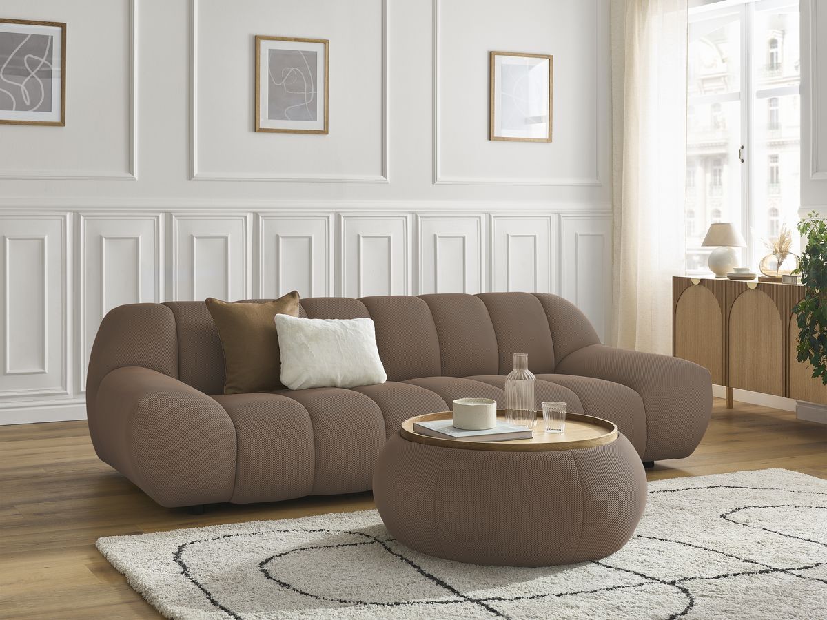 Canapé droit fixe 3 places HAYDEN tissu mesh avec pouf grand avec plateau