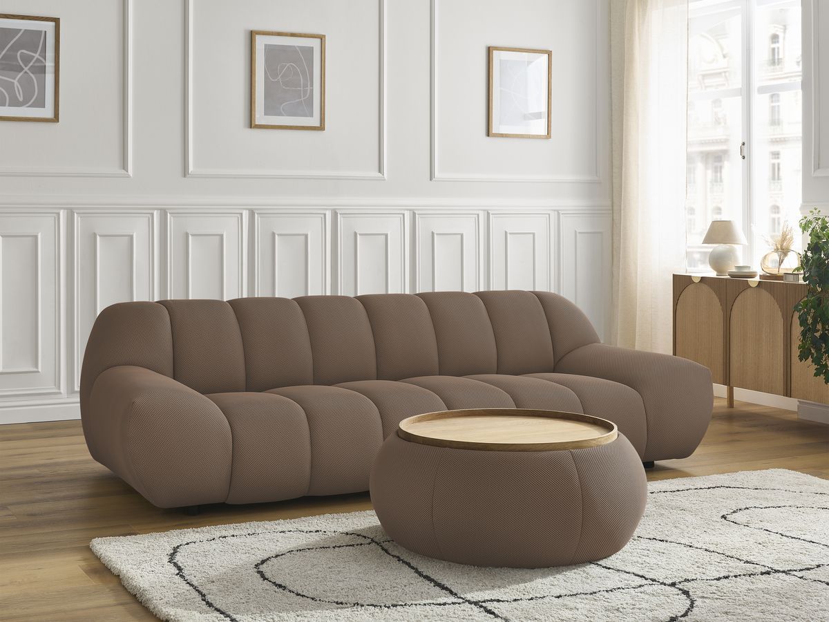 Canapé droit fixe 3 places HAYDEN tissu mesh avec pouf grand avec plateau
